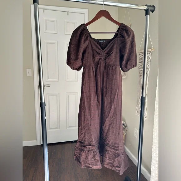 Brown Plaid Midi Dress Puff Sleeves, smoked back, sweetheart neckline - Picture 4 of 5